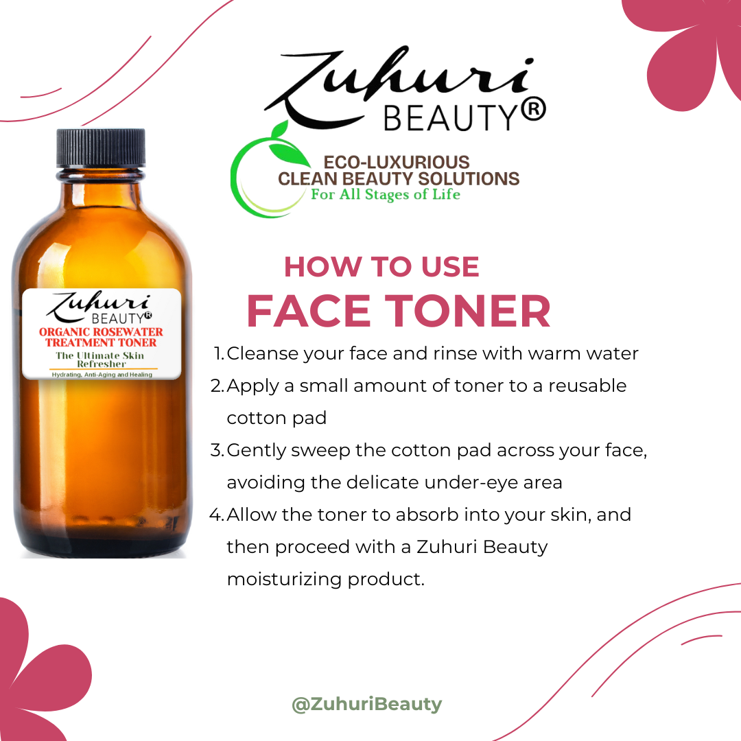 Zuhuri Beauty Hydrating and Anti-Aging Organic Rosewater Treatment Toner with Reusable Cotton Round